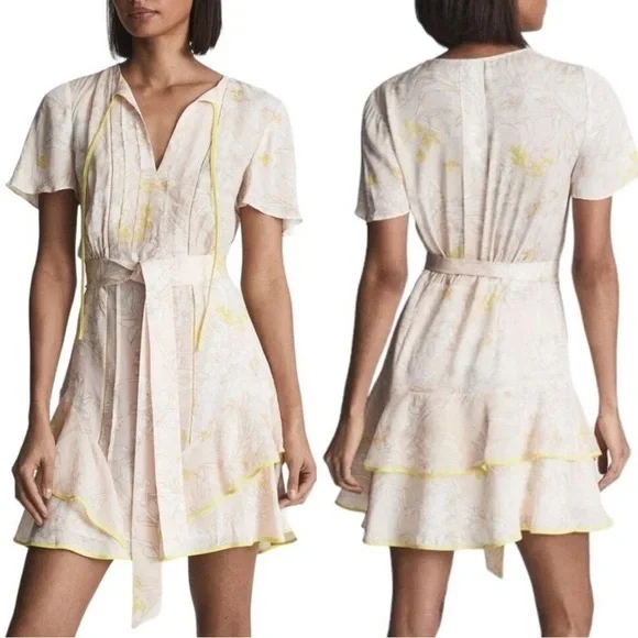NWT Reiss Women's Floral Carlotta Tie Waist Flippy Blush Mini Dress Size 12 - Picture 1 of 12